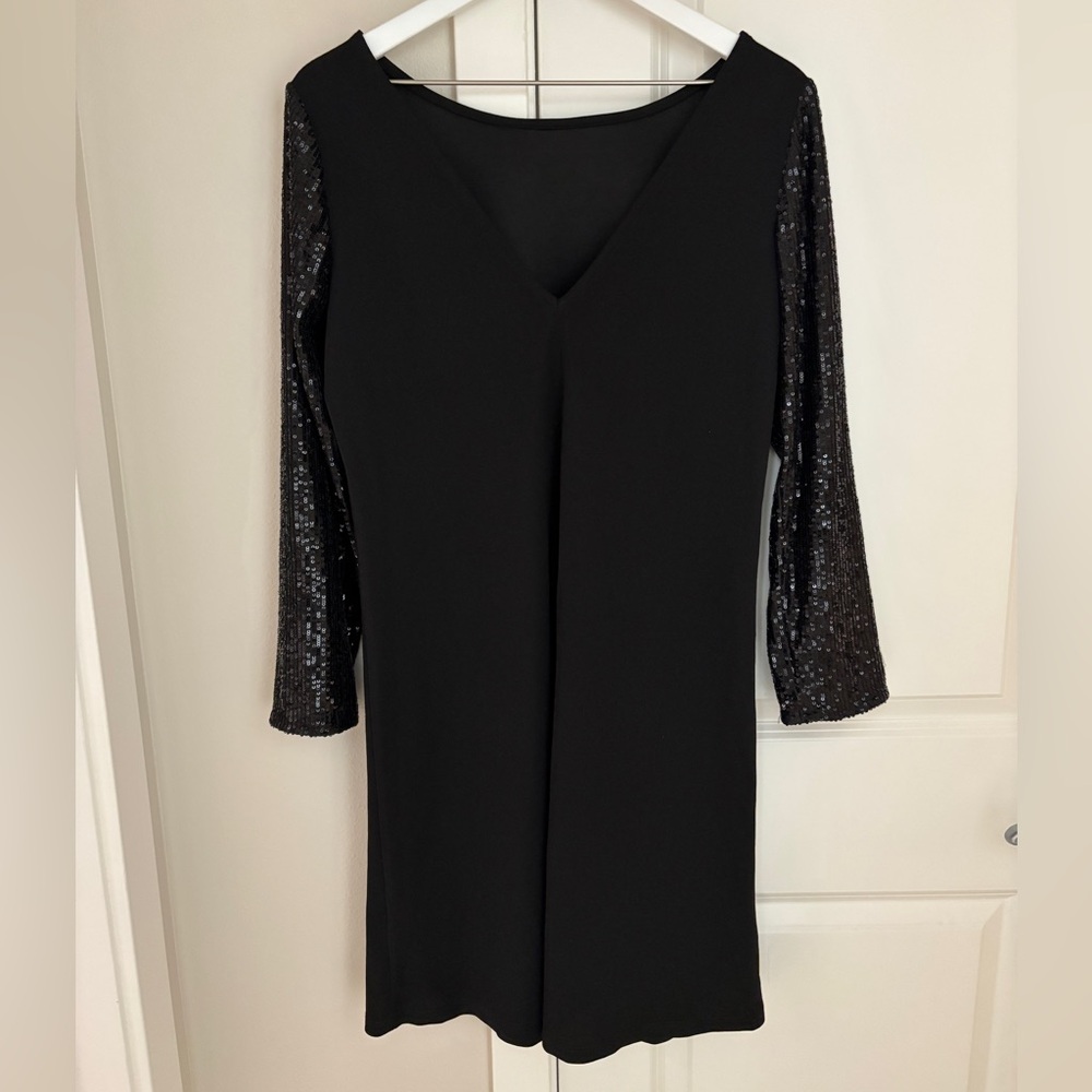 Marina Dresses Black Boatneck Midi Dress Sequin Sleeves V-Cut Back, Size 8 - Picture 7 of 8